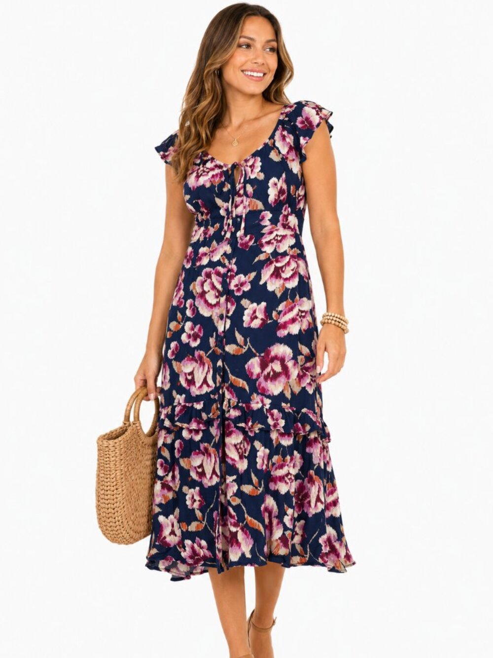 Band of Gypsies Floral Midi Dress Small Boho Cottagecore Button Front Ruffle